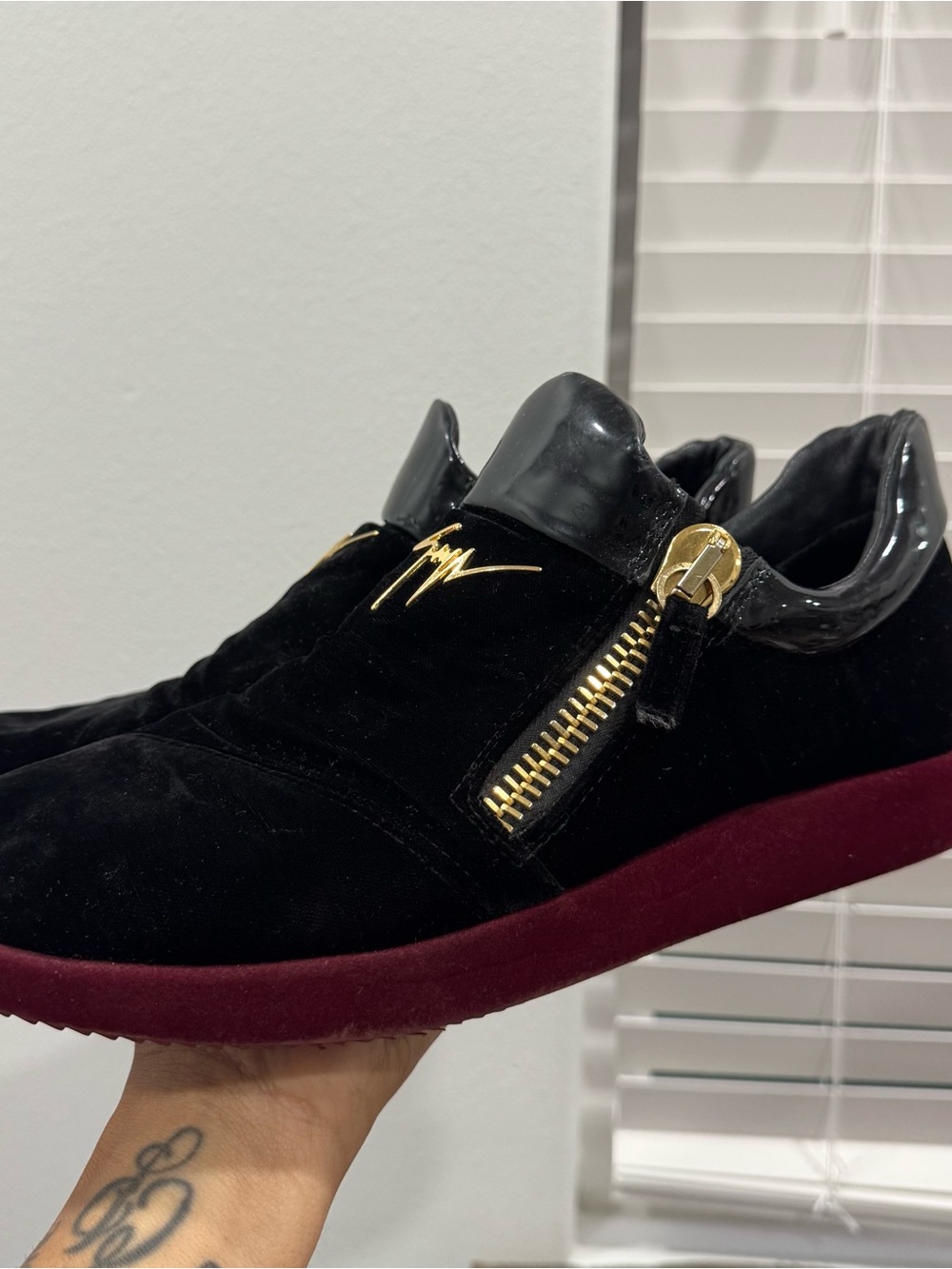 Giuseppe Zanotti Black Suede Sneakers with Burgundy Sole and Gold Zip size 46